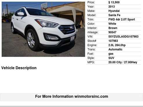 2013 Hyundai Santa Fe FWD 4dr 2 0T Sport - - by dealer for sale in Los Angeles, CA