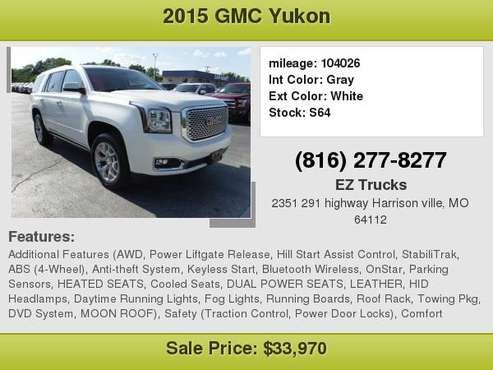2015 GMC YUKON DENALI 3RD ROW LEATHER DVD NEW TIRES kansas city south for sale in Harrisonville, MO