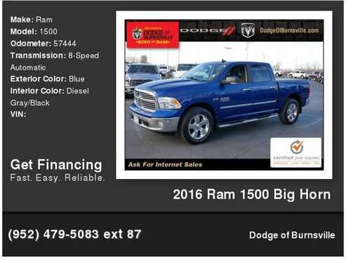 2016 Ram 1500 Big Horn 1, 000 Down Deliver s! - - by for sale in Burnsville, MN