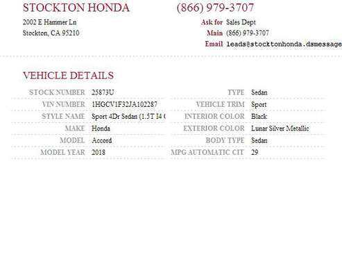 2018 Honda Accord Sport SKU: 25873U Honda Accord Sport - cars & for sale in Stockton, CA