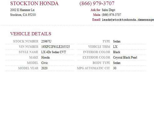 2020 Honda Civic LX SKU: 25967U Honda Civic LX - - by for sale in Stockton, CA