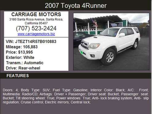 2007 Toyota 4 Runner*SUV*Very Clean*Financing Available* for sale in Santa Rosa, CA
