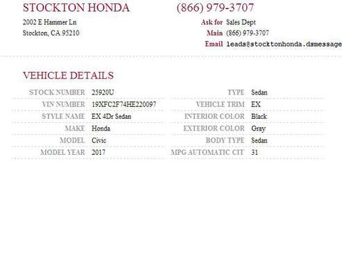 2017 Honda Civic EX SKU: 25920U Honda Civic EX - - by for sale in Stockton, CA