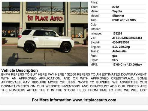 2012 Toyota 4Runner RWD 4dr V6 SR5 - cars & trucks - by dealer -... for sale in Watauga (N. Fort Worth), TX