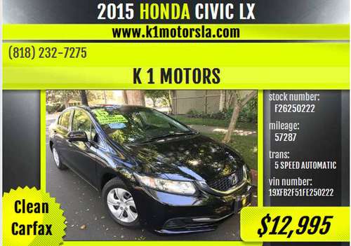 2015 Honda / Civic / BLACK / Low Mileage / Must See / Eco - cars &... for sale in Los Angeles, CA