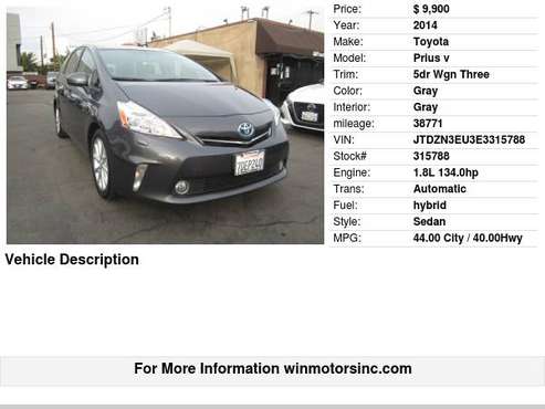 2014 Toyota Prius v 5dr Wgn Three - cars & trucks - by dealer -... for sale in Los Angeles, CA