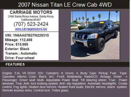 2007 Nissan Titan SE *4x4* Crew Cab*Clean*Financing Available* for sale in Santa Rosa, CA