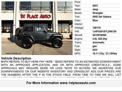 2007 Jeep Wrangler 4WD 2dr Sahara - cars & trucks - by dealer -... for sale in Watauga (N. Fort Worth), TX