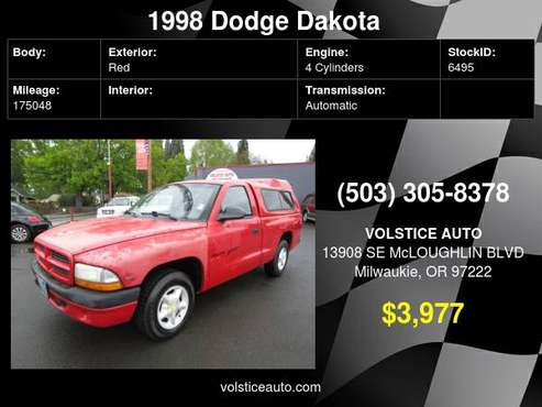 1998 Dodge Dakota Reg Cab Sport RWD RED RUNS GREAT CANOPY - cars & for sale in Milwaukie, OR