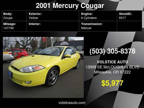 2001 Mercury Cougar 3dr Cpe V6 YELLOW 5 SPD 1 OWNER - cars & for sale in Milwaukie, OR