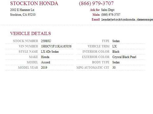 2019 Honda Accord LX SKU: 25980U Honda Accord LX - - by for sale in Stockton, CA