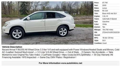 2005 Lexus RX330 , Pearl White, All Wheel Drive! Leather , Sunroof for sale in Spencerport, NY