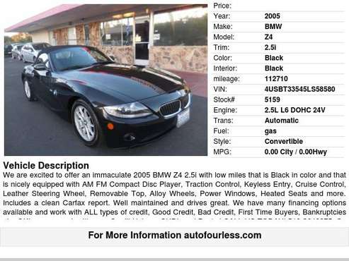 2005 BMW Z4 2 5i - - by dealer - vehicle automotive sale for sale in Fremont, CA