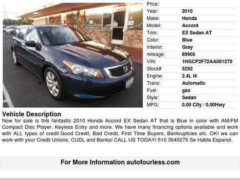2010 Honda Accord EX-L Sedan AT - - by dealer for sale in Fremont, CA