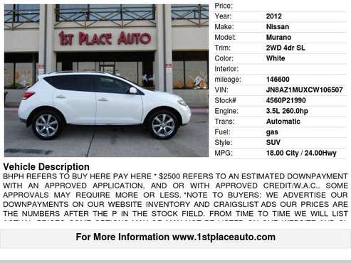 2012 Nissan Murano 2WD 4dr SL - cars & trucks - by dealer - vehicle... for sale in Watauga (N. Fort Worth), TX
