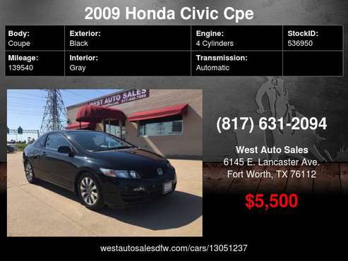 2009 Honda Civic Cpe 2dr Auto EX sunroof 5500 Cash... Cash / Finance... for sale in Fort Worth, TX
