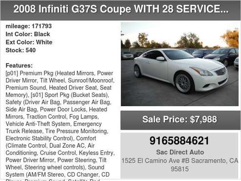 2008 INFINITI G37S Coupe CLEAN TITLE WITH 28 SERVICE RECORDS - cars... for sale in Sacramento , CA