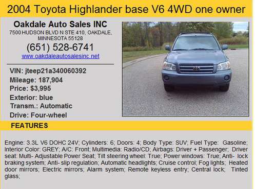 2004 TOYOTA HIGHLANDER BASE 4X4 ONE OWNER NEW TIRES for sale in Saint Paul, MN