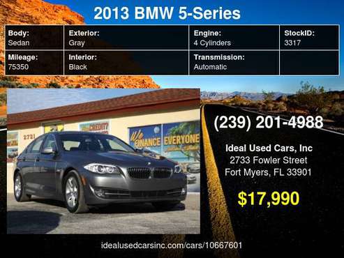 2013 BMW 5 Series 4dr Sdn 528i RWD with Split fold-down rear seat -... for sale in Fort Myers, FL