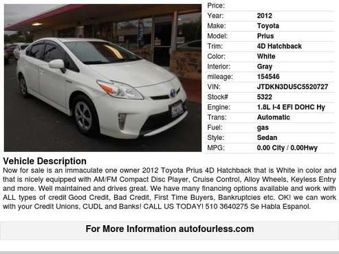 2012 Toyota Prius 4D Hatchback - - by dealer - vehicle for sale in Fremont, CA