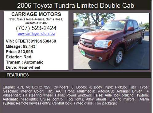 2006 Toyota Tundra Limited *Double Cab*Very Clean*Financing Available* for sale in Santa Rosa, CA