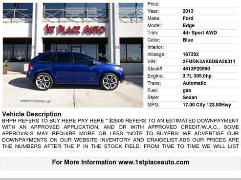 2013 Ford Edge 4dr Sport AWD - cars & trucks - by dealer - vehicle... for sale in Watauga (N. Fort Worth), TX