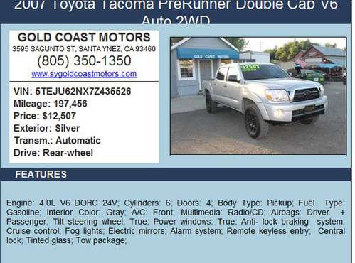 2007 Toyota Tacoma Double Cab PreRunner Pickup 4D 5 ft for sale in Santa Ynez, CA
