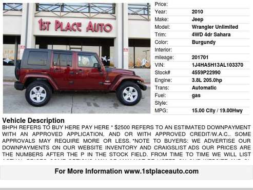 2010 Jeep Wrangler Unlimited 4WD 4dr Sahara - cars & trucks - by... for sale in Watauga (N. Fort Worth), TX