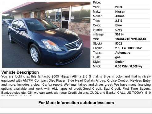 2009 Nissan Altima 2 5 S - - by dealer - vehicle for sale in Fremont, CA