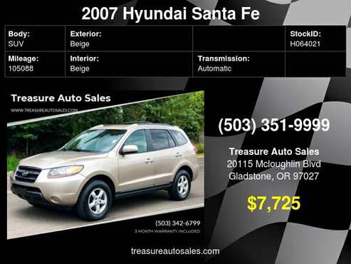 2007 HYUNDAI SANTA FE GLS AUTOMATIC 4DR SUV 2008 2009 - cars &... for sale in Gladstone, OR