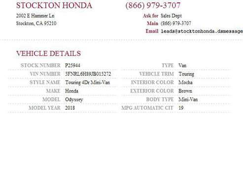 2018 Honda Odyssey Touring SKU: P25944 Honda Odyssey Touring - cars & for sale in Stockton, CA