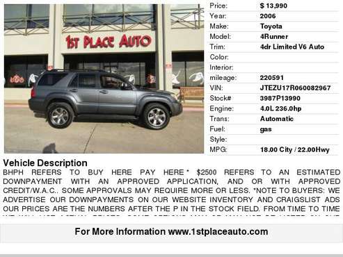2006 Toyota 4Runner 4dr Limited V6 Auto for sale in Watauga (N. Fort Worth), TX