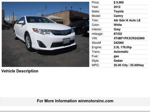 2012 Toyota Camry 4dr Sdn I4 Auto LE - - by dealer for sale in Los Angeles, CA