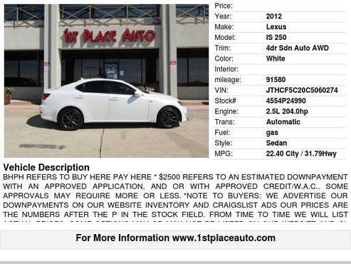 2012 Lexus IS 250 4dr Sdn Auto AWD - cars & trucks - by dealer -... for sale in Watauga (N. Fort Worth), TX