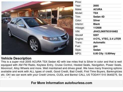 2005 ACURA TSX Sedan 4D - - by dealer - vehicle for sale in Fremont, CA