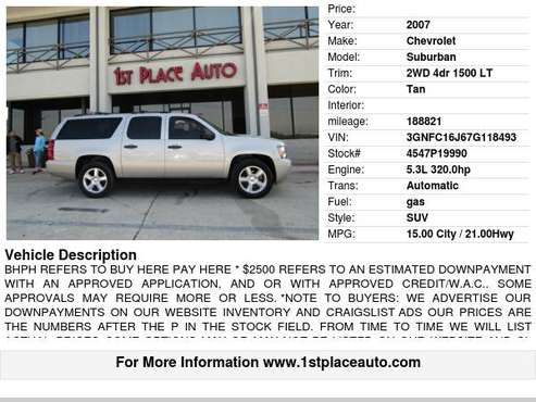 2007 Chevrolet Suburban 2WD 4dr 1500 LT - cars & trucks - by dealer... for sale in Watauga (N. Fort Worth), TX