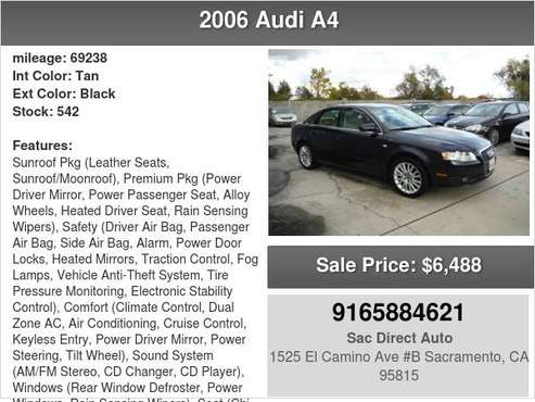 2006 Audi A4 2 0T 69K MILES ONLY CALEN TITLE WITH 18 SERVICE RECORDS for sale in Sacramento , CA