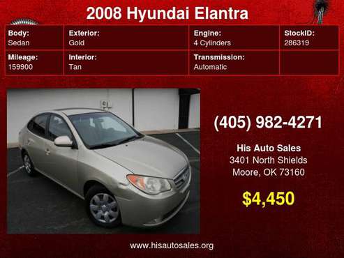 2008 Hyundai Elantra 4dr Sdn Auto GLS - - by dealer for sale in MOORE, OK