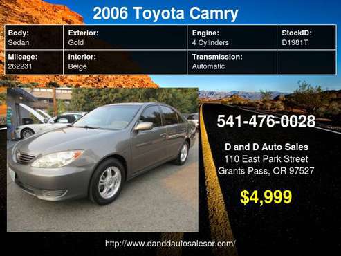 2006 Toyota Camry 4dr Sdn LE Auto D AND D AUTO - cars & trucks - by... for sale in Grants Pass, OR