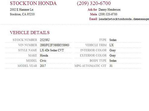 2017 Honda Civic LX SKU:25258U Honda Civic LX - cars & trucks - by... for sale in Stockton, CA