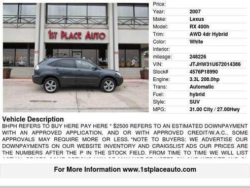 2007 Lexus RX 400h AWD 4dr Hybrid - cars & trucks - by dealer -... for sale in Watauga (N. Fort Worth), TX