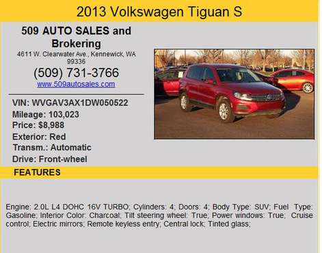 2013 VOLKSWAGEN TIGUAN - cars & trucks - by dealer - vehicle... for sale in Kennewick, WA