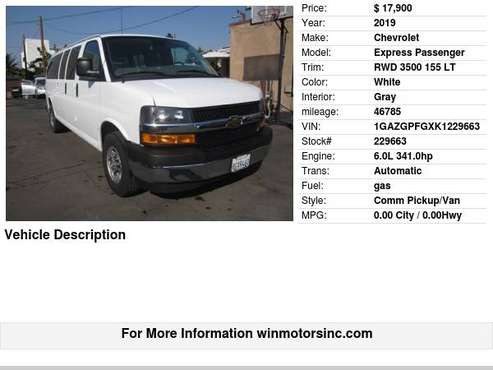 2019 Chevrolet Express Passenger RWD 3500 155 LT - cars & trucks -... for sale in Los Angeles, CA