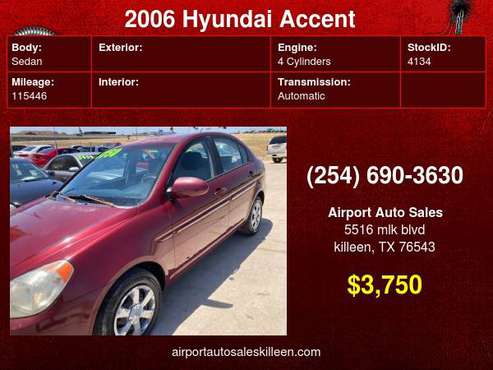 2006 Hyundai Accent 4dr Sdn GLS Auto Low Miles! - cars & trucks - by... for sale in Killeen, TX