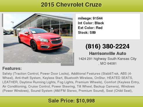 2015 Chevrolet CruzeLTZ Sedan Leather Htd Seats kansas city south for sale in South Kansas City, MO