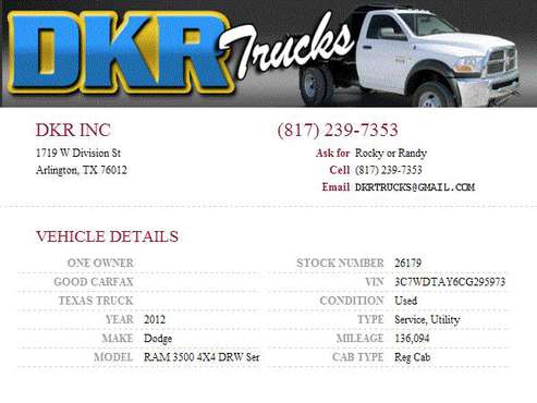 2012 Dodge RAM 3500 4X4 DRW V8 Service UtilityTruck w/3200LB Crane for sale in Arlington, LA