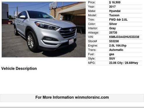 2017 Hyundai Tucson FWD 4dr 2 0L - - by dealer for sale in Los Angeles, CA