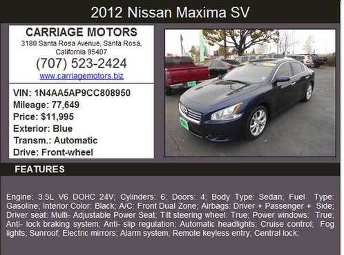 2012 Nissan Maxima SV Sedan~WE FINANCE~ for sale in Santa Rosa, CA
