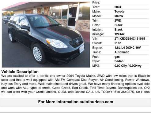 2004 Toyota Matrix 2WD - - by dealer - vehicle for sale in Fremont, CA