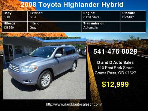 2008 Toyota Highlander Hybrid 4WD 4dr Limited w/3rd Row D AND D AUTO for sale in Grants Pass, OR